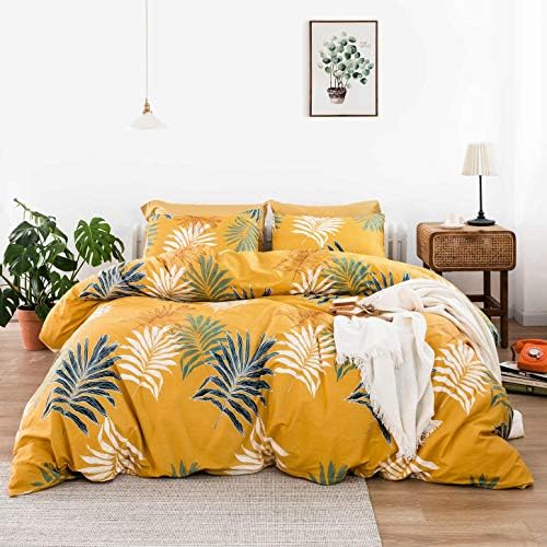 SUSYBAO Botanical Duvet Cover Queen 100% Cotton Tropical Plant Duvet Cover 3 Pieces Set 1 Palm Leaves Patterned Duvet Cover With Zipper Ties 2 Pillowcases Luxury Soft Green Botanical Bedding Set Comfy