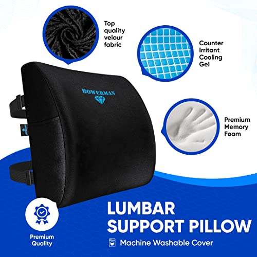 BOWERMAN Memory Foam Lumbar Support Pillow | Premium Quality - Counter Irritant Cooling Gel Enhanced -100% Orthopedic | Back Pain Relief - Pure Viscoelastic - Improves Posture