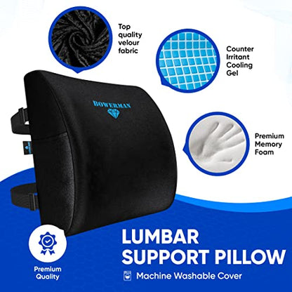  BOWERMAN Memory Foam Lumbar Support Pillow | Premium Quality - Counter Irritant Cooling Gel Enhanced -100% Orthopedic | Back Pain Relief - Pure Viscoelastic - Improves Posture
