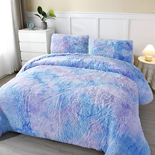  Blue Faux Fur Comforter Set Twin Size, 3Pcs Tie Dye Rainbow Fluffy Comforter Bedding Set, Plush Shaggy Flannel Velvet Furry Bed Comforter Set For Girls (Blue Ombre, Twin)