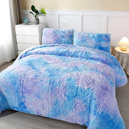  Blue Faux Fur Comforter Set Twin Size, 3Pcs Tie Dye Rainbow Fluffy Comforter Bedding Set, Plush Shaggy Flannel Velvet Furry Bed Comforter Set For Girls (Blue Ombre, Twin)