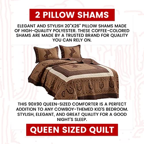  Sapphire Home Luxury 3-Piece Quilt Bedspread Set - Western Design Collection - Wild Horse Country/Horseshoe/Star/Cowboy/Southwestern Blue/Tayler Design W/Pillow Sham - Queen Size, Beige Brown