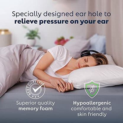  PureComfort Pillow With Ear Hole - Pain Relief Ear Pillow For TMJ, CNH & Neck Stenosis - Piercing Pillow For Side Sleepers - Adjustable Memory Foam Pillow For Ear Pain