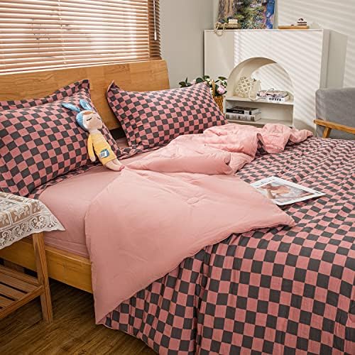  LLanCL King Bed Comforter Set,Down Alternative All Season Reversible Comforter-Quilted Duvet Insert With Corner Tabs-Round Stitched-Breathable, Soft, Fluffy(Pink/Grey Checked, 3pcs)