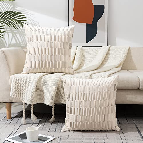  ETASOP 2Pack White Velvet Pillow Covers With Wave Striped Decorative, Luxury Soft Cushion Cases For Farmhouse Couch Sofa Living Room,18x18 Inches