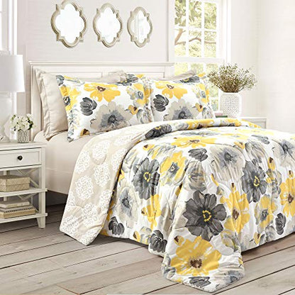  Ah 6 Piece Floral Comforter Set, Full/Queen, Yellow & Gray