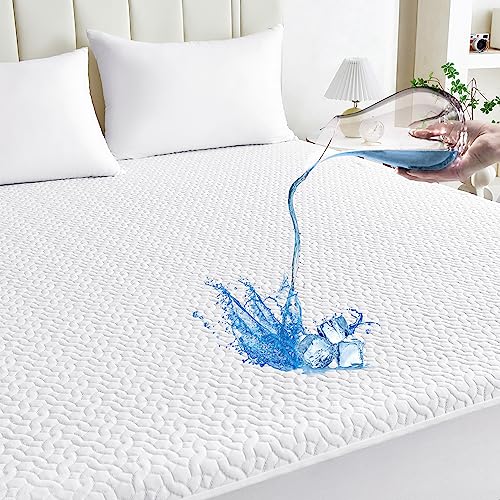  Mooreeke Premium 100% Waterproof Cooling Mattress Protector Queen Size Tencel Breathable Mattress Pad, Deep Pocket Fitted Mattress Cover Smooth Noiseless Soft Cooler Than Bamboo & Machine Washable