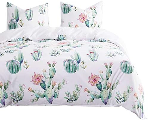 Wake In Cloud - Cactus Comforter Set, Watercolor Cacti Pattern Printed In Green Purple On White, Soft Microfiber Bedding (3pcs, Queen Size)