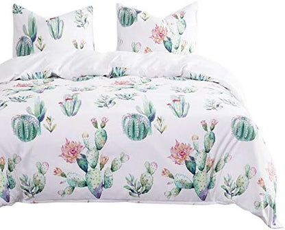  Wake In Cloud - Cactus Comforter Set, Watercolor Cacti Pattern Printed In Green Purple On White, Soft Microfiber Bedding (3pcs, Queen Size)