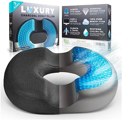  H. Charcoal Donut Pillow For Tailbone Pain Relief Cushion, Hemorrhoid Pillow Medical Donut For Sitting, Butt Seat Cushion For Postpartum Pregnancy, Prostate, Back, Coccyx, Sciatica (Medium 120-220lbs)