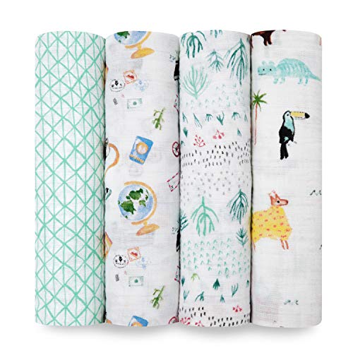  Aden + Anais Swaddle Blanket, Boutique Muslin Blankets For Girls & Boys, Baby Receiving Swaddles, Ideal Newborn & Infant Swaddling Set, Perfect Shower Gifts, 4 Pack, Jungle Jam