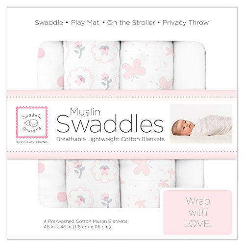  SwaddleDesigns Cotton Muslin Swaddle Blankets, Set Of 4, Pastel Pink Butterflies And Posies, 46x46 Inch (Pack Of 4)