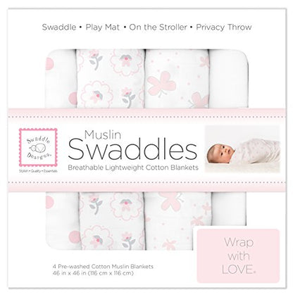  SwaddleDesigns Cotton Muslin Swaddle Blankets, Set Of 4, Pastel Pink Butterflies And Posies, 46x46 Inch (Pack Of 4)