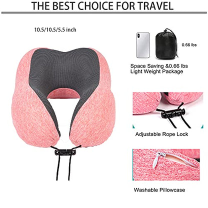  Levcoecam Travel Neck Pillow,Memory Foam Neck Pillow,Comfortable & Breathable Cover, Portable Airplane Travel Kit With 3D Contoured Eye Masks, Earplugs, And Luxury Bag (Pink)
