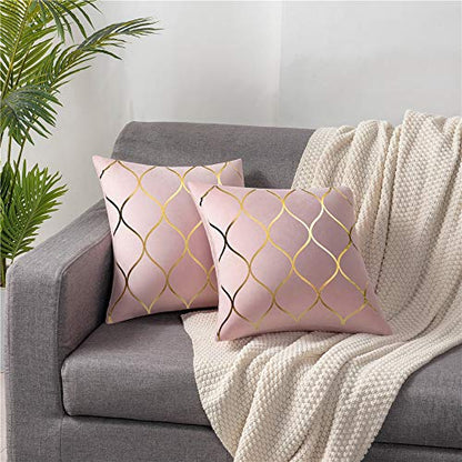  DEZENE Gold Velvet Throw Pillow Covers: 2 Pack 18x18 Inch Square Decorative Pillow Cases for Bedroom Sofa Couch Living Room, Pink