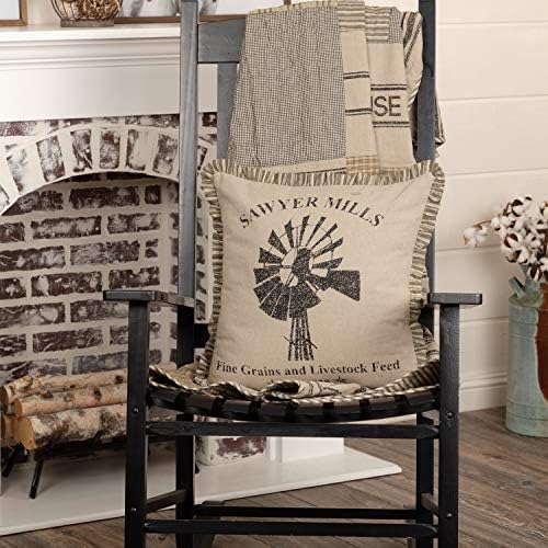  VHC Brands Sawyer Mill Text Chambray Cotton Farmhouse Appliqued Pillow 22x14 Filled Bedding Accessory, 1 Count (Pack Of 1), Family Charcoal