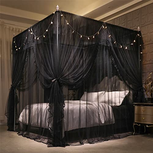  VETHIN 4 Corners Post Ruffle Princess Bed Canopy Curtain-Double Layer Cozy Drape Netting 4 Opening Mosquito Net For Girls Adults Bedroom Decoration (Double-Black,64" W*82" L*82"*H/Queen)