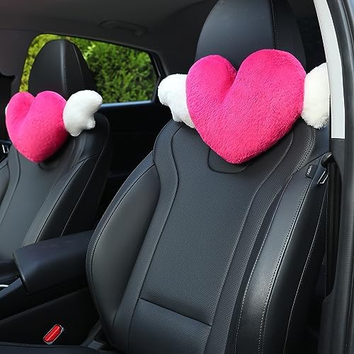  2 Pack Heart Shaped Cute Car Headrest Pillow With Angel Wings - Comfortable Soft Head Rest Cushion Kawaii Car Accessories Neck Pillow For Driving Travelling Office Home Decor - Black Love Heart