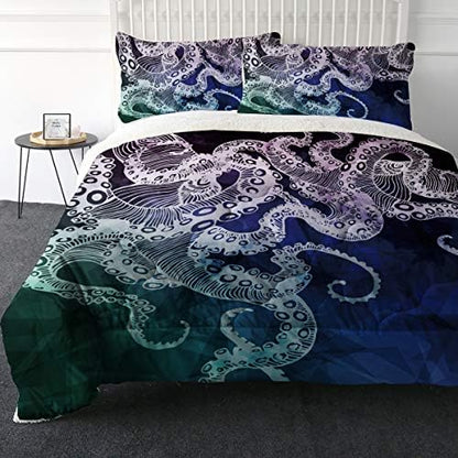  ARIGHTEX Ultra-Soft Micromink Sherpa Comforter Bed Set - 3D Lightweight, Fuzzy Duvet Blankets - Colorful, Polyester Filler Bedspreads With 2 Pillow Shams (Nautical Octopus, Queen)