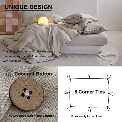  TOSMO 100% Linen Duvet Cover Set With Button Design, 3 Pieces (1 Duvet Cover With 2 Pillowcases), Soft Breathable Durable Farmhouse Bedding - Queen, Natural Linen
