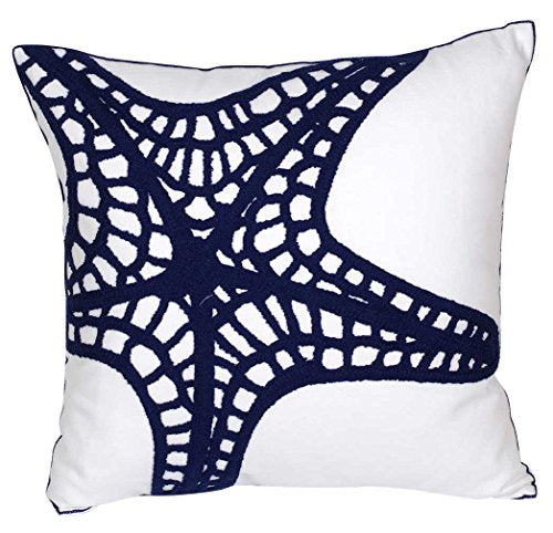  DECOPOW Embroidered Nautical Decor Pillow Cover,Square 18 Inches Decorative Canvas Pillow Cover For Nautical Style Deco By (Navy-Starfish-New)