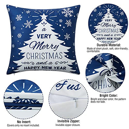  NANAN Christmas Pillow Covers 18X18 Inch Navy Blue Christmas Pillow Cases Snowflake Merry Christmas Holiday Pillowcases Xmas Trees Elk Deer Decorative Cushion Covers For Party Sofa Couch Set Of 4
