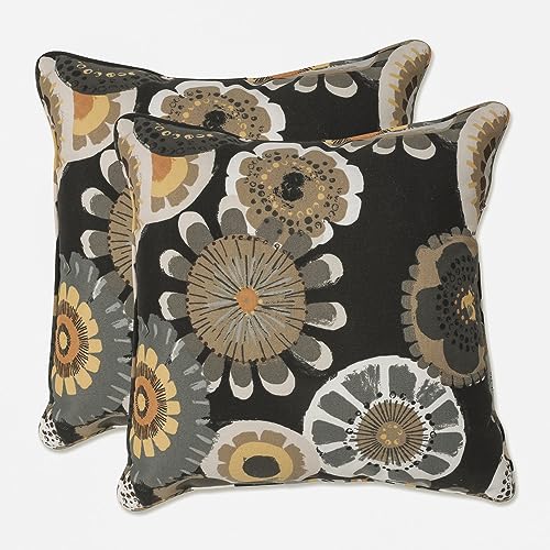 Pillow Perfect Floral Outdoor Throw Accent Pillow, Plush Fill, Weather, And Fade Resistant, Medium Square - 16.5" X 16.5", Black/Yellow Crosby, 2 Count