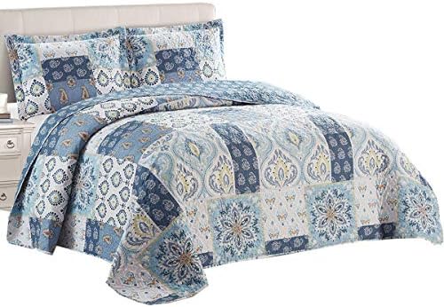  Royal Tradition Bellflower Blue Reversible Coverlets, Full/Queen Over-Sized 3pc Quilt Set (92-Inch Wide X 96-Inch Long) Lightweight Bedspread