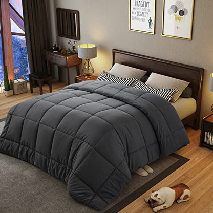  Full Size Comforter,Luxurious All Season Cooling Fluffy Soft Quilted Down Alternative Comforter Reversible Duvet Insert With Corner Tabs,Dark Grey,82x86 Inches