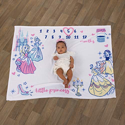  Disney Princess Pink, Aqua, Yellow & White Super Soft Milestone Baby Blanket, Pink, Aqua, Yellow, White