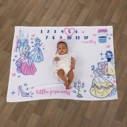  Disney Princess Pink, Aqua, Yellow & White Super Soft Milestone Baby Blanket, Pink, Aqua, Yellow, White