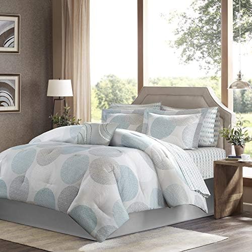  Madison Park Essentials Bed In A Bag Comforter, Vibrant Color Design All Season Down Alternative Cover With Complete Cotton Sheet Set, Cal King(104"x92"), Knowles, Circular Grey, 9 Piece