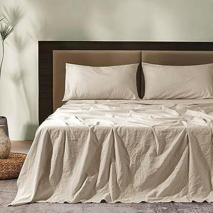  SONORO KATE 100% French Pure Linen Sheets, Breathable And Durable Line King Size Sheets, Anti-Tear Line Bed Sheets, Machine Washable, 16 Inch Deep Pocket - 4 Piece (Natural Linen, King)