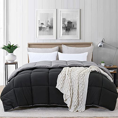  Ousidan Reversible Comforter Twin Size Down Alternative Quilt With Corner Tabs,Brushed Microfiber Cover Black/Dark Grey Comforter,Machine Washable,68x90Inches