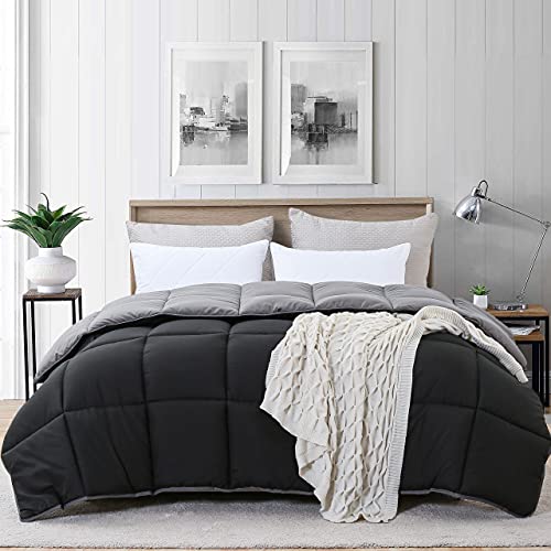  Ousidan Reversible Comforter Twin Size Down Alternative Quilt With Corner Tabs,Brushed Microfiber Cover Black/Dark Grey Comforter,Machine Washable,68x90Inches