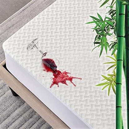  King Size 100% Waterproof Bamboo Mattress Protector 3D Air Fabric Breathable Cooling Mattress Cover With Deep Pocket Ultra Soft Noiseless Bed Mattress Protection With Double-Twill Pattern