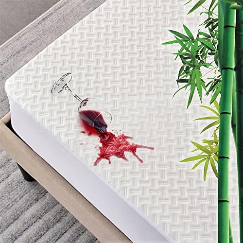  King Size 100% Waterproof Bamboo Mattress Protector 3D Air Fabric Breathable Cooling Mattress Cover With Deep Pocket Ultra Soft Noiseless Bed Mattress Protection With Double-Twill Pattern