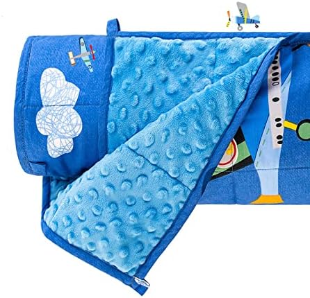  Sivio Weighted Blanket Kids, 5 Pounds, Minky Fleece And Cotton Throw Blanket With Beads, Reversible Heavy Blanket For Children 30-50 Lbs, 36x48 Inch, Blue Airplane
