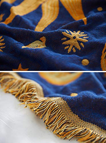  Sun And Moon Stars Hippie Throw Blanket Celestial Tapestry Double-sided Reversible Woven Cotton Home Decor Bedding Chair Couch Recliner Cover Loveseat Rug Oversized Tassels Blue Yellow (71x51)