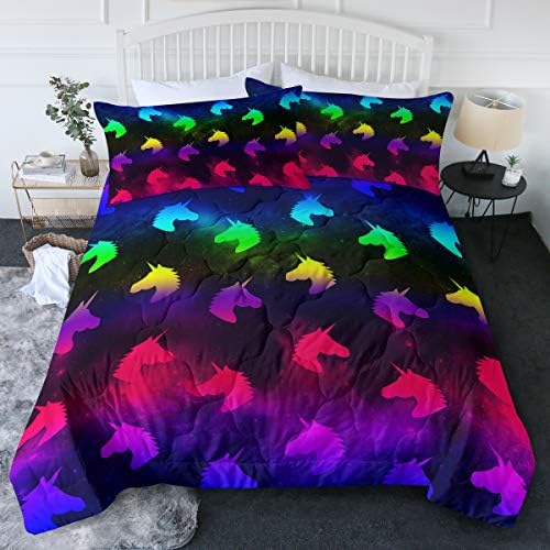  BlessLiving 3 Piece Unicorn Comforter Set With Pillow Shams Cartoon Unicorn Bedding Set With 3D Printed Designs Reversible Comforter Twin/Twin XL Size Bedding Sets, Rainbow