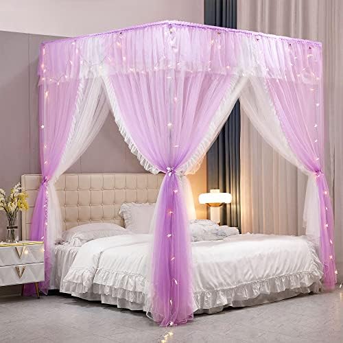  VETHIN 4 Corners Post Ruffle Princess Bed Canopy Curtain-Double Layer Cozy Drape Netting 4 Opening Mosquito Net For Girls Adults Bedroom Decoration (Double-Black,64" W*82" L*82"*H/Queen)
