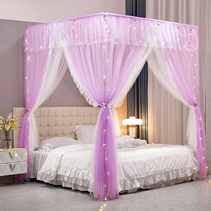  VETHIN 4 Corners Post Ruffle Princess Bed Canopy Curtain-Double Layer Cozy Drape Netting 4 Opening Mosquito Net For Girls Adults Bedroom Decoration (Double-Black,64" W*82" L*82"*H/Queen)