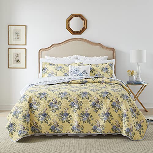 Laura Ashley Home Linley Collection Quilt Set-100% Cotton, Reversible, Lightweight & Breathable Bedding, Pre-Washed For Added Softness, King, Pale Yellow