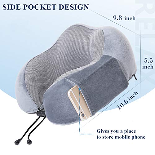  ENOTHEN Travel Pillow 100% Pure Memory Foam Neck Pillow With Machine Washable Cover, Airplane Travel Kit With 3D Contoured Eye Masks, Earplugs & Reusable Bag (Grey)