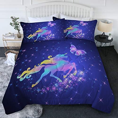  BlessLiving 3 Piece Unicorn Comforter Set With Pillow Shams Cartoon Unicorn Bedding Set With 3D Printed Designs Reversible Comforter Twin/Twin XL Size Bedding Sets, Rainbow