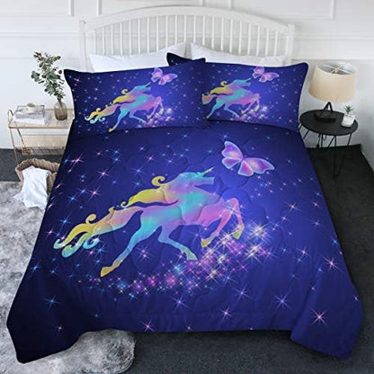  BlessLiving 3 Piece Unicorn Comforter Set With Pillow Shams Cartoon Unicorn Bedding Set With 3D Printed Designs Reversible Comforter Twin/Twin XL Size Bedding Sets, Rainbow