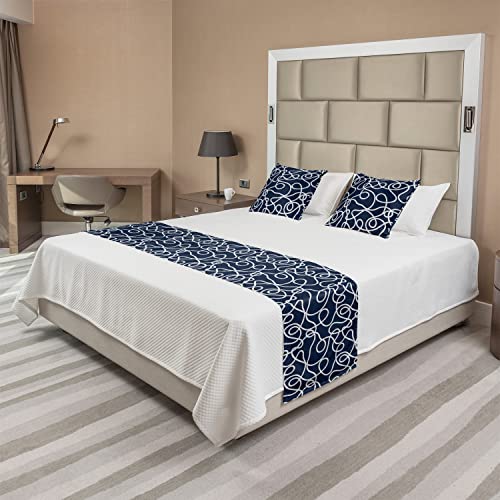  Ambesonne Navy Bed Runner Set, Under The Sea Atlantic Ocean Inspired Tangled Boat Ship Marine Image Print, Decorative Bedding Scarf And 2 Pillow Shams For Hotels Homes, King, Navy Blue