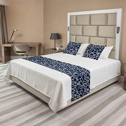  Ambesonne Navy Bed Runner Set, Under The Sea Atlantic Ocean Inspired Tangled Boat Ship Marine Image Print, Decorative Bedding Scarf And 2 Pillow Shams For Hotels Homes, King, Navy Blue