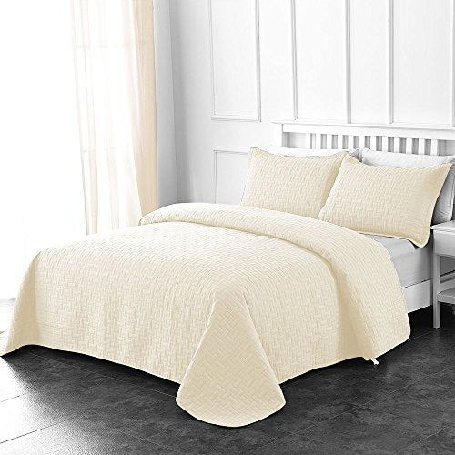  Prime Bedding Manchester 3-Piece Oversized Quilted Bedspread Coverlet Set (Ivory, King)