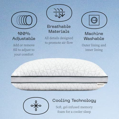  Eden Pillow Queen Size Bed Pillow For Sleeping - Medium Soft Memory Foam Pillows Cooling Gel - Back, Stomach And Side Sleeper Pillow - CertiPUR-US/GREENGUARD Gold